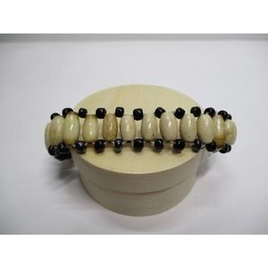 Vintage Handmade 8.75" Bracelet/Anklet Wood Barrel Beads with Tiny Black Beads